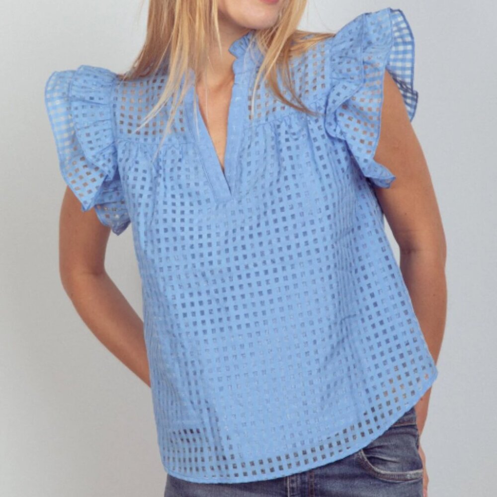 Blue Organza Ruffle Blouse